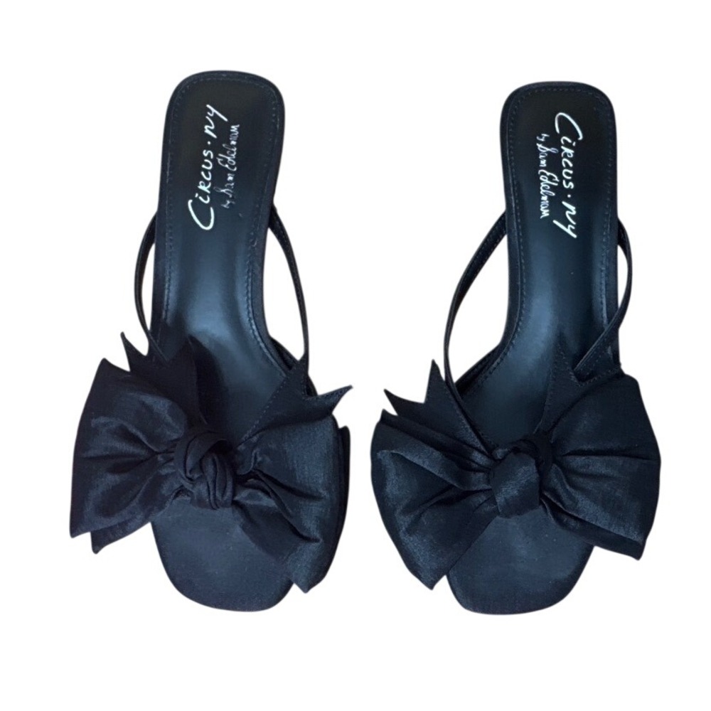 Circus NY Sandals Womens 8 Black Kork Bow Spool Heel Square Toe Slip On Dressy